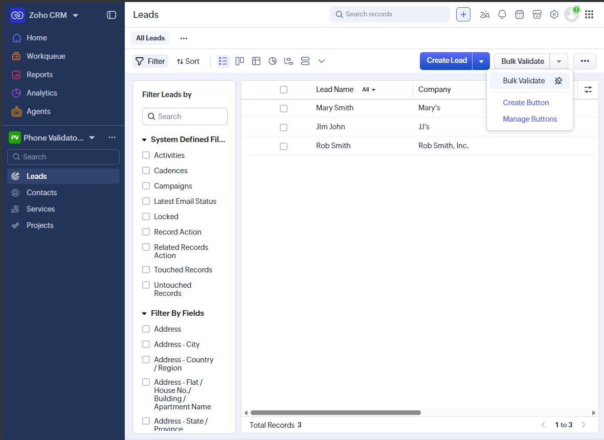 Bulk Validate button in the Leads list view